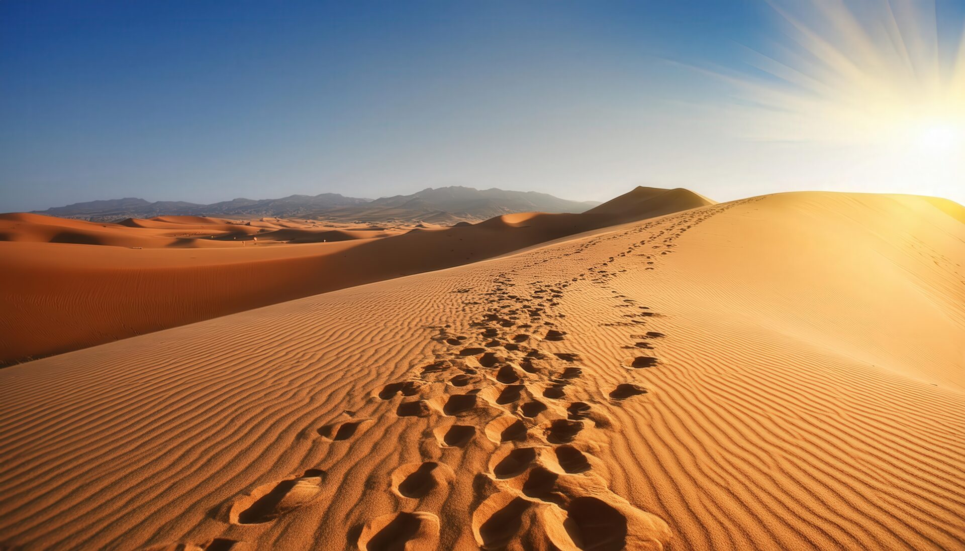 砂丘を歩く足跡と朝日