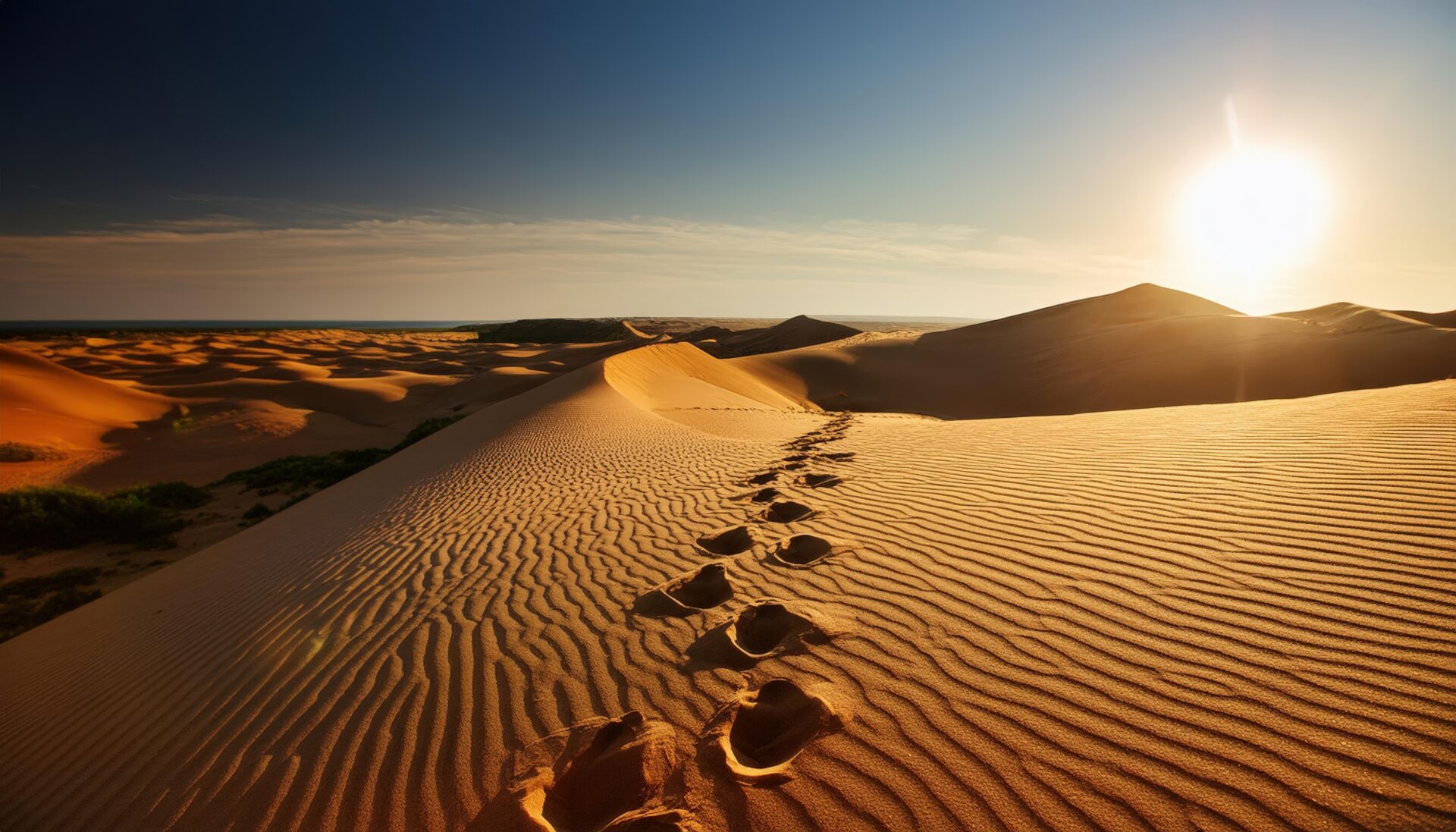 夕日と砂丘の足跡