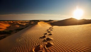 夕日と砂丘の足跡