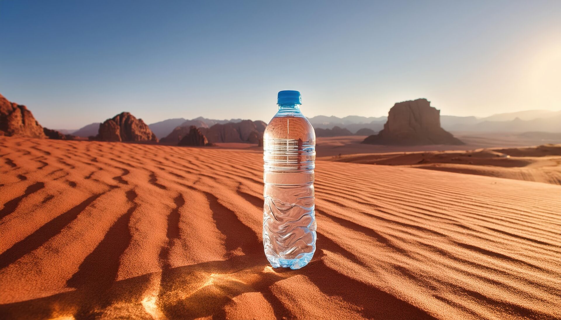 砂漠に置かれた透明な水
