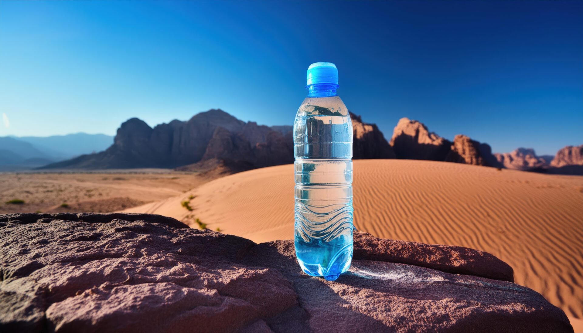 岩場に置かれた水のペットボトル