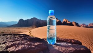 岩場に置かれた水のペットボトル