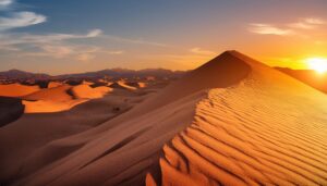 夕日が照らす砂丘の風景