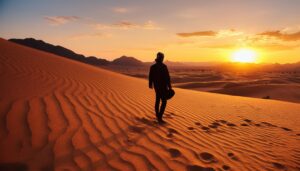 砂漠を歩く人と夕日