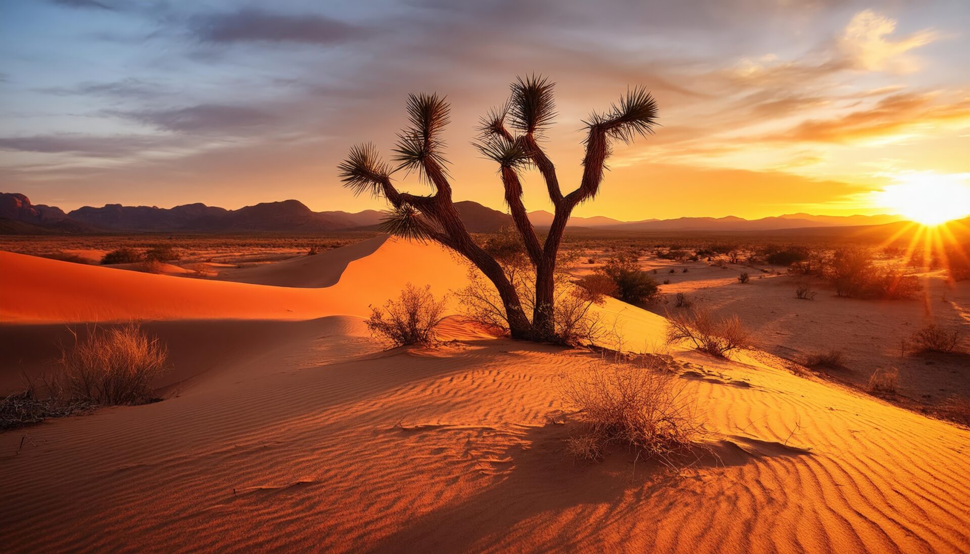 夕焼けと砂漠の木