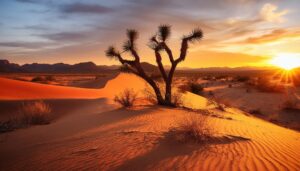 夕焼けと砂漠の木