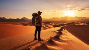 夕日を眺めるバックパッカー