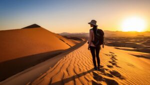 砂漠で夕日を眺める旅行者