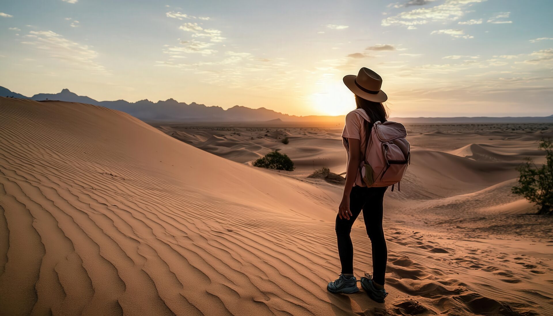 砂漠で夕焼けを見る旅行者