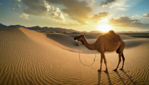 砂漠のラクダと夕日