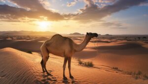 夕暮れの砂漠を歩くラクダ