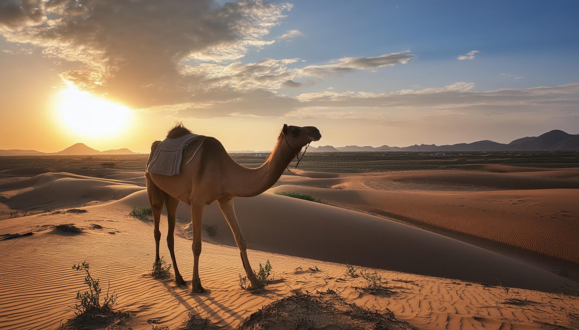 サドルを乗せた砂漠のラクダ