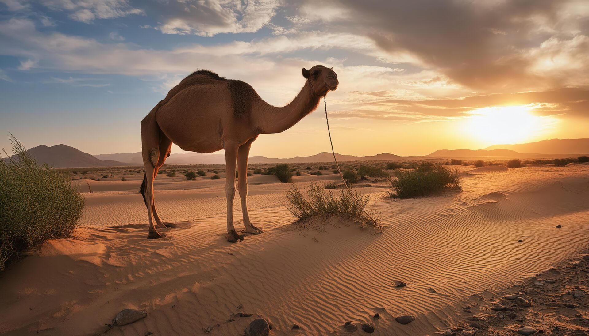 サンセットと砂漠のラクダ