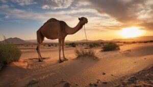 サンセットと砂漠のラクダ