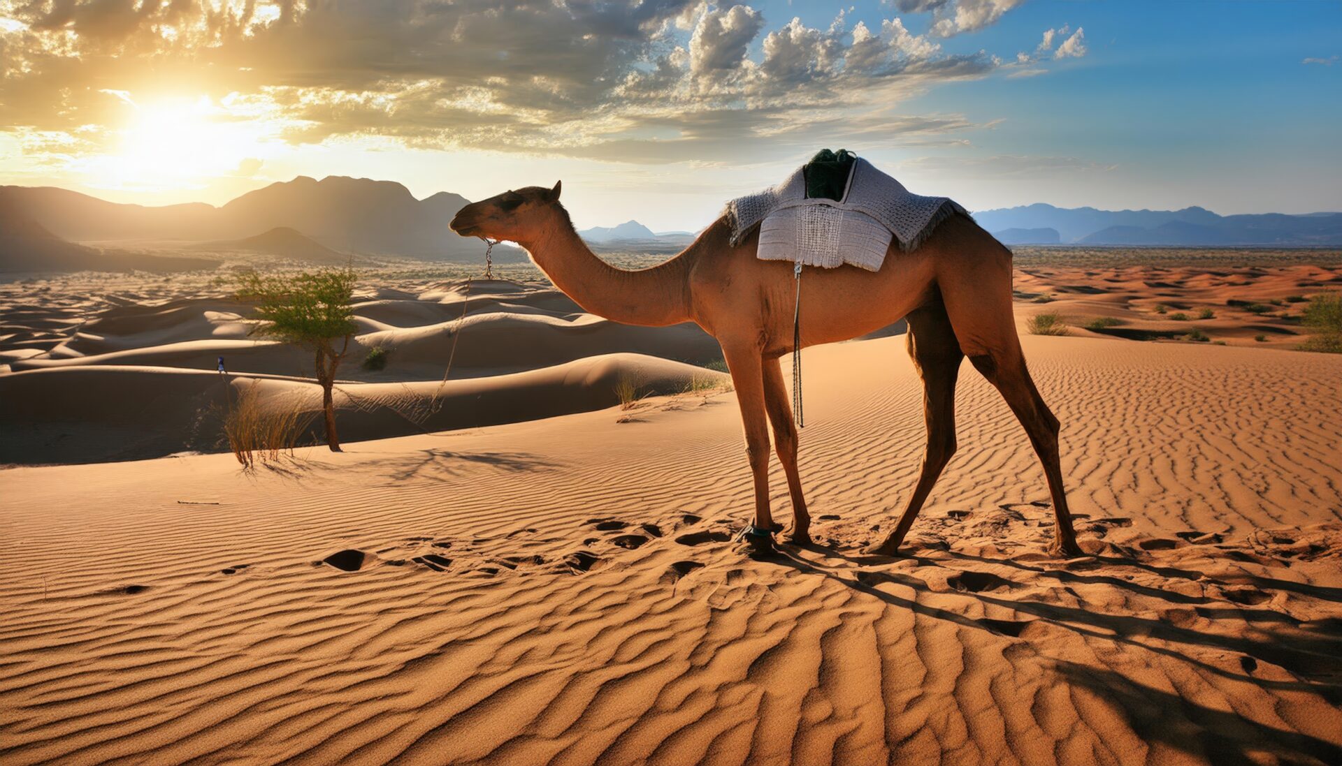 サンセットと砂漠のラクダ