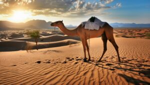 サンセットと砂漠のラクダ