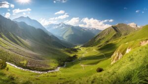 緑の渓谷と山脈の風景