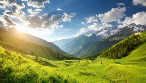 緑豊かな山脈の渓谷