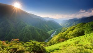 朝日差し込む緑の渓谷