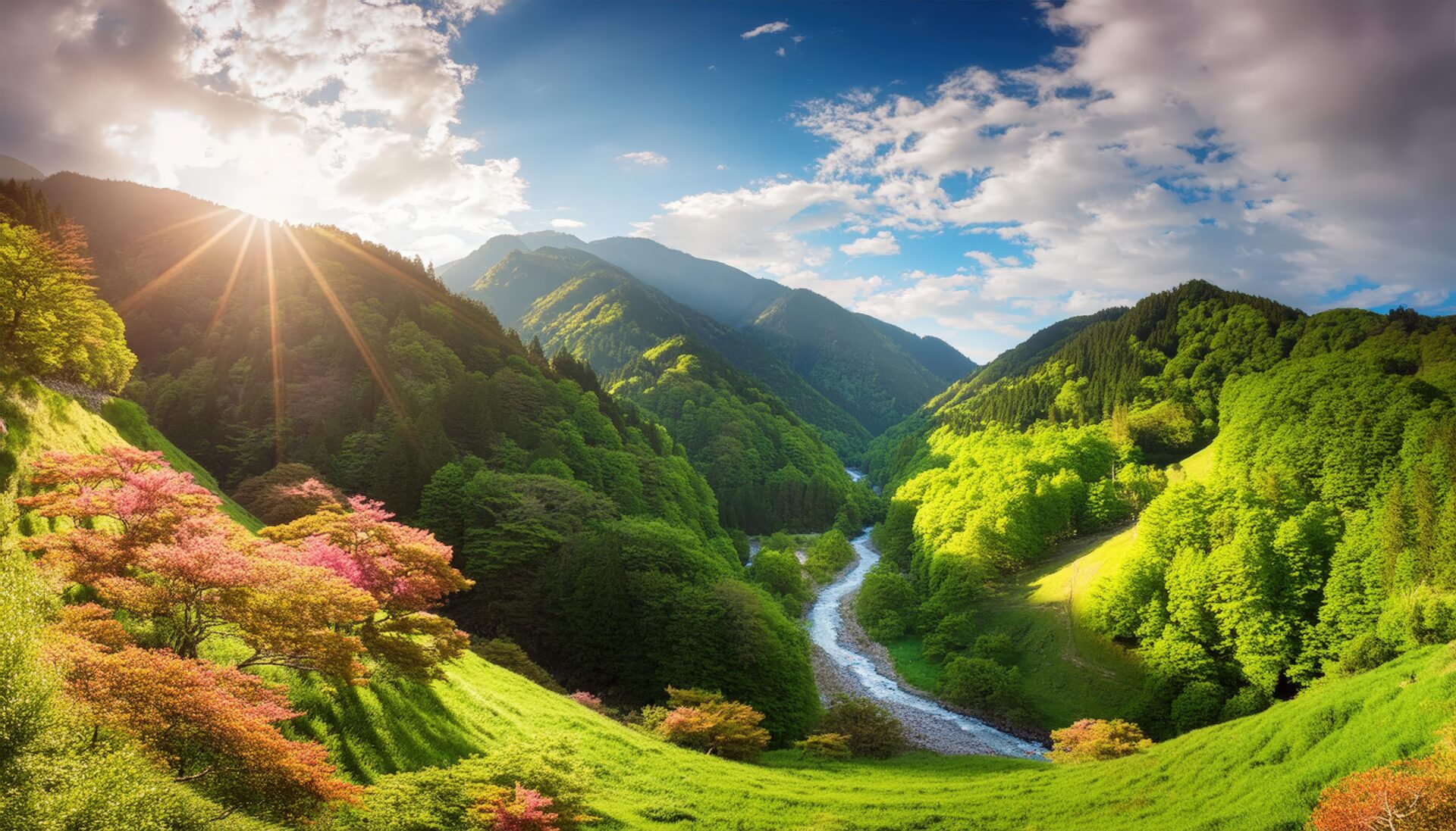 渓谷を流れる川と紅葉