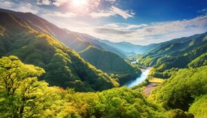 渓谷の川と春の新緑