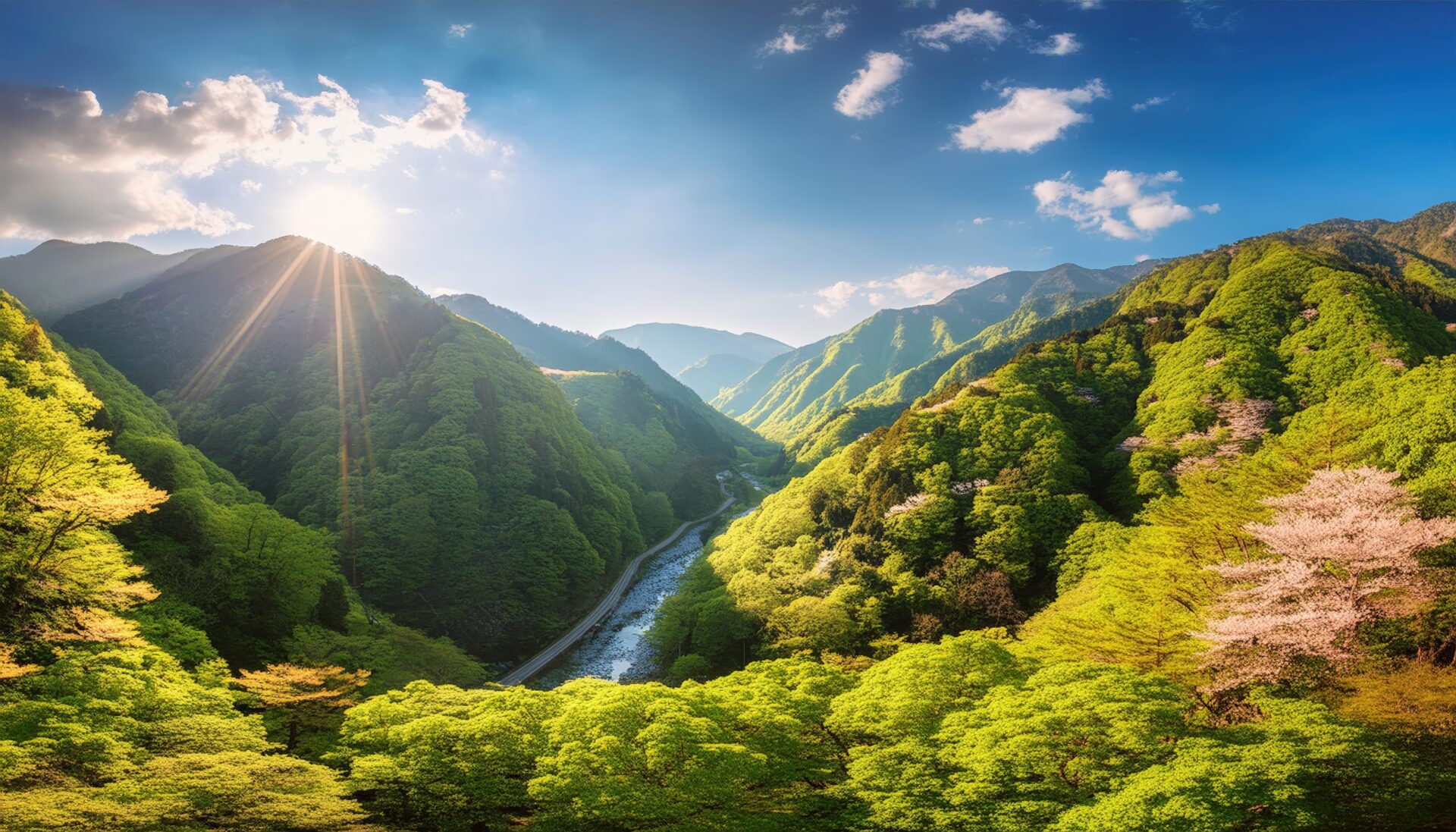 山と桜が広がる春の渓谷
