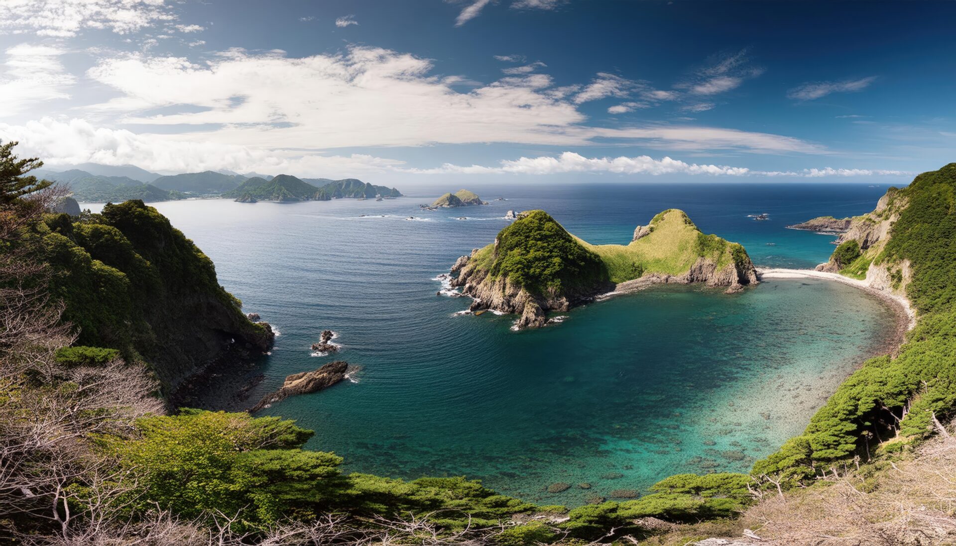 入江に囲まれた島と海