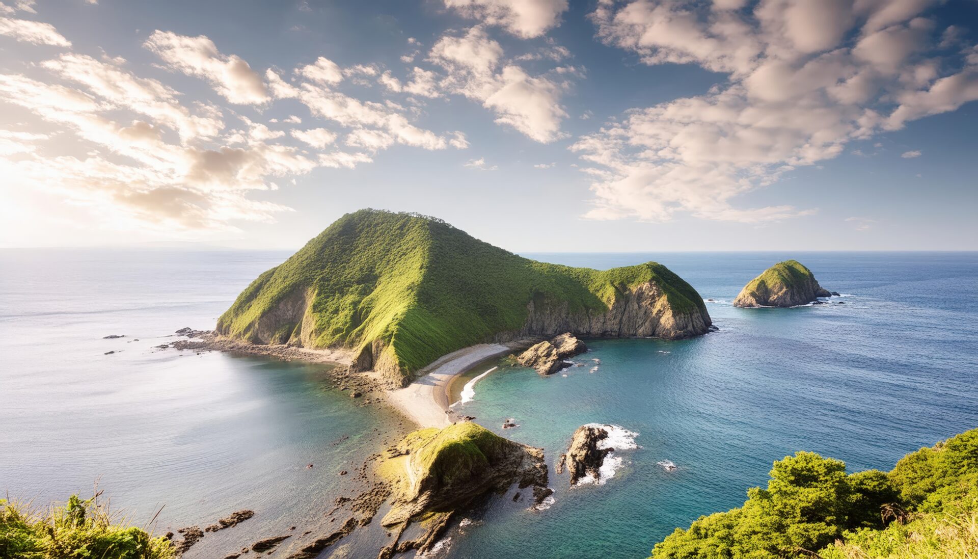 朝焼けの海と島