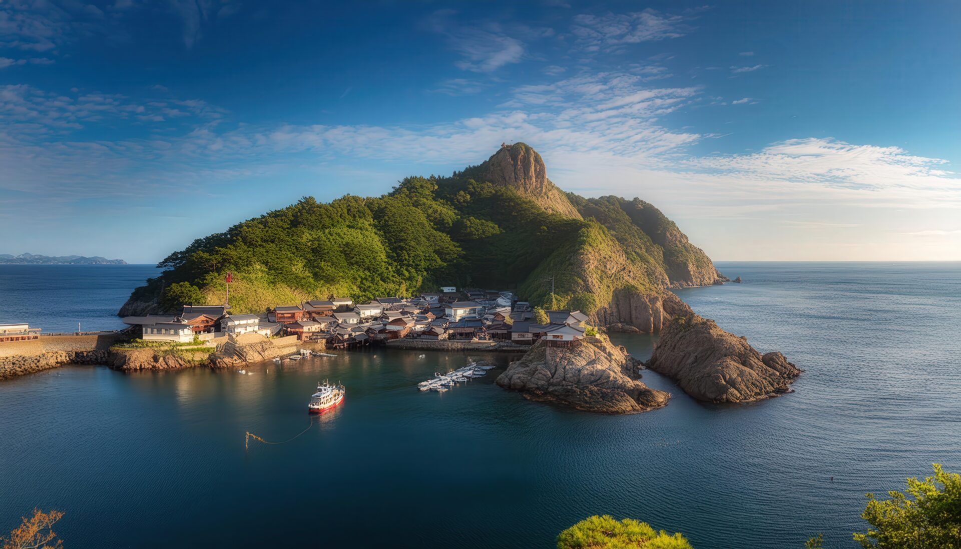 山に囲まれた漁村の港
