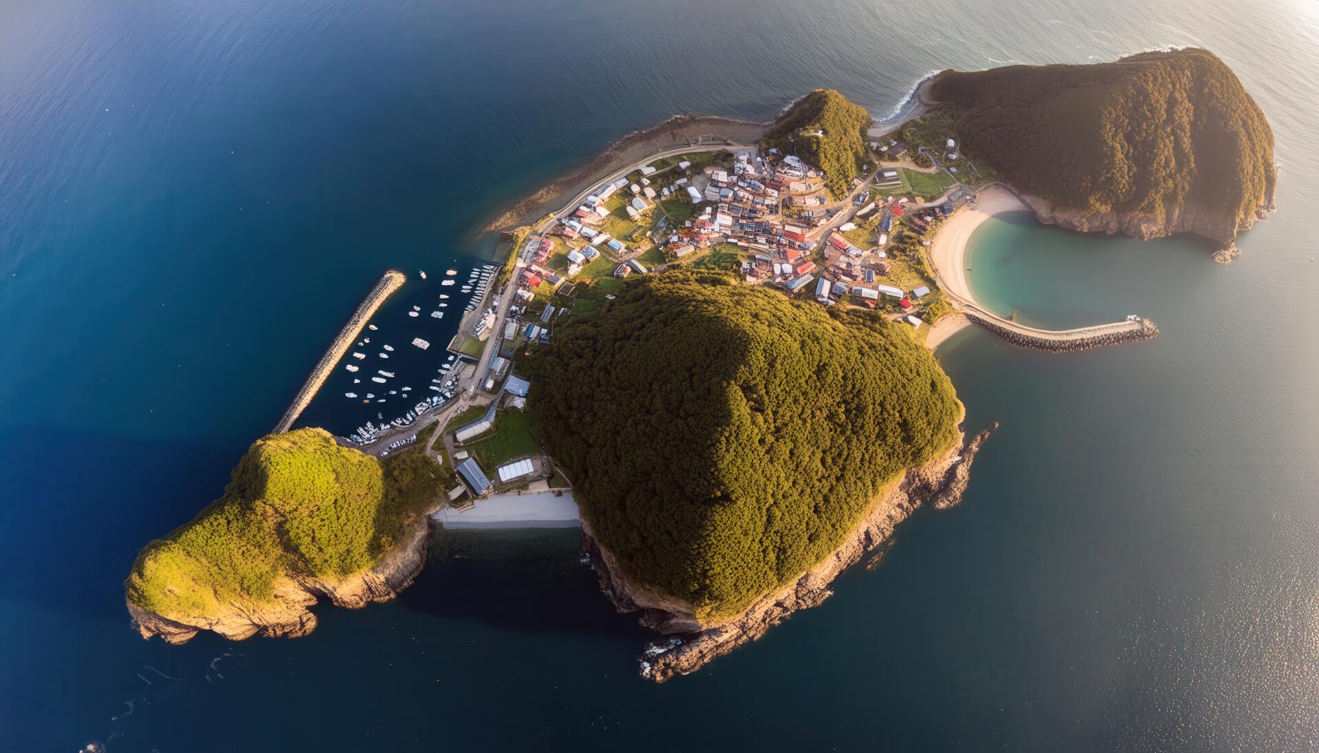 空撮された小さな島の漁村