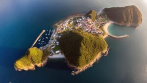 空撮された小さな島の漁村