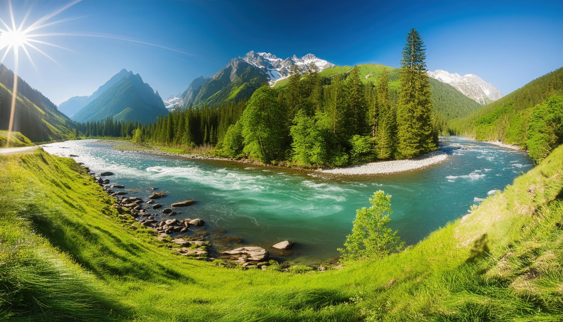 雪山と針葉樹に囲まれた透明なエメラルドグリーンの渓流