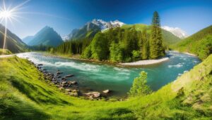 雪山と針葉樹に囲まれた透明なエメラルドグリーンの渓流