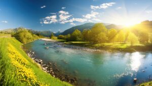 黄色い野花咲く草原と山々に囲まれた清流