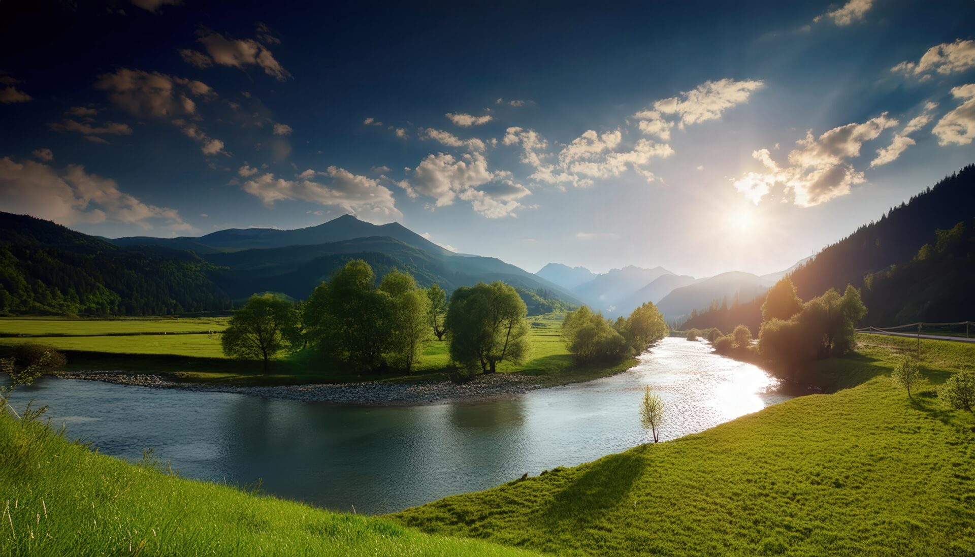 夕陽に照らされた山間の湾曲する川と草原