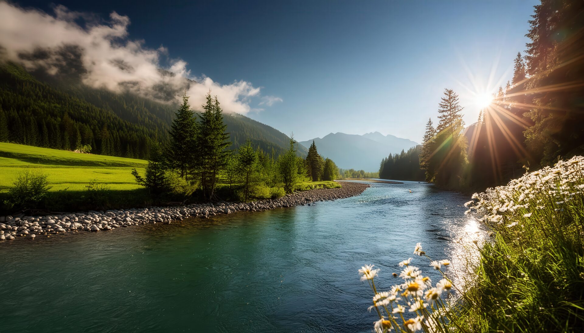 朝日に輝く澄んだ山間の渓流と野花
