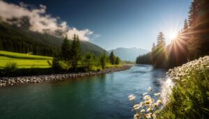朝日に輝く澄んだ山間の渓流と野花