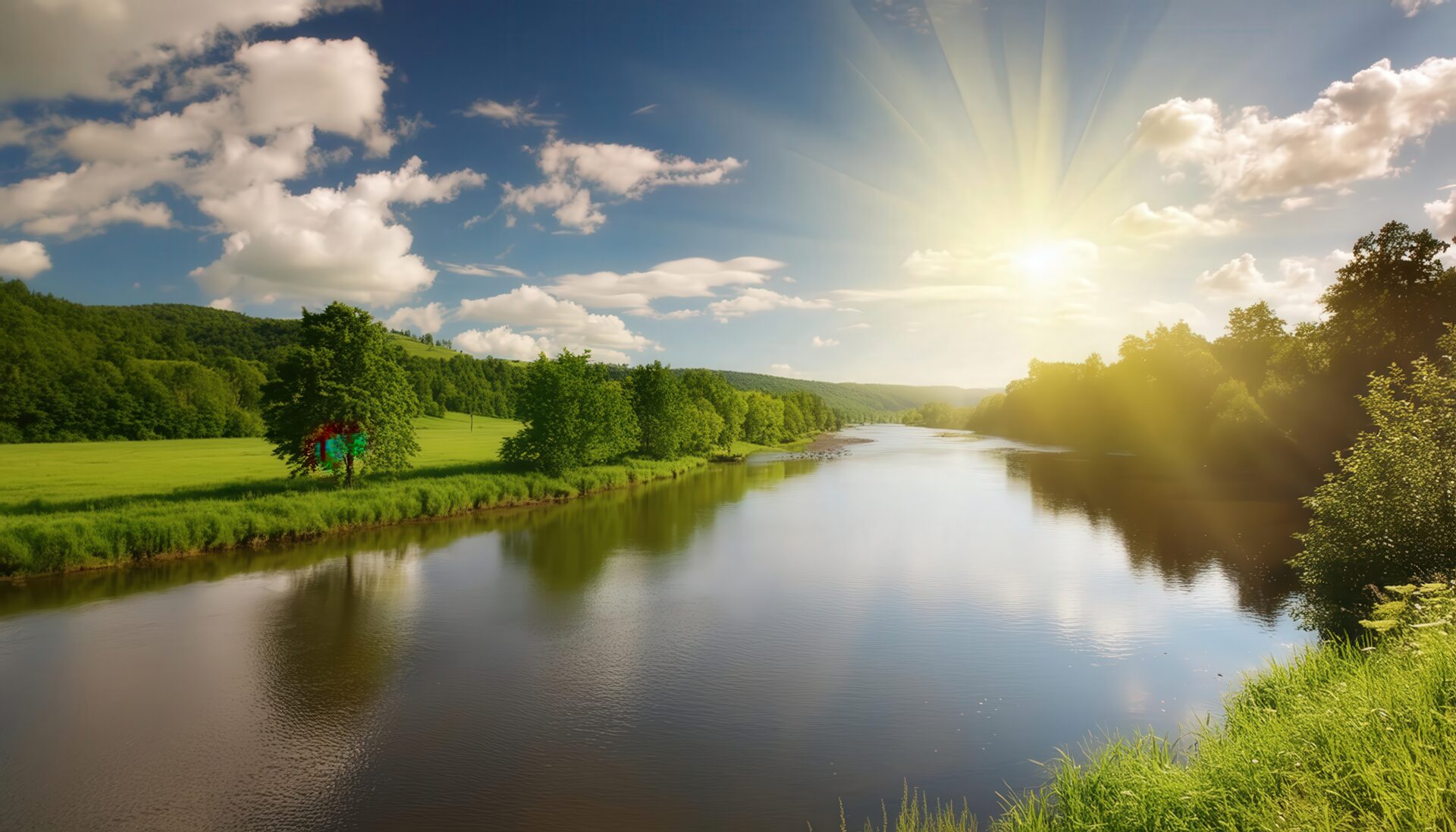 太陽光に照らされた田園地帯の穏やかな川の流れ