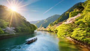 新緑と桜が彩る山間の川と遊覧船