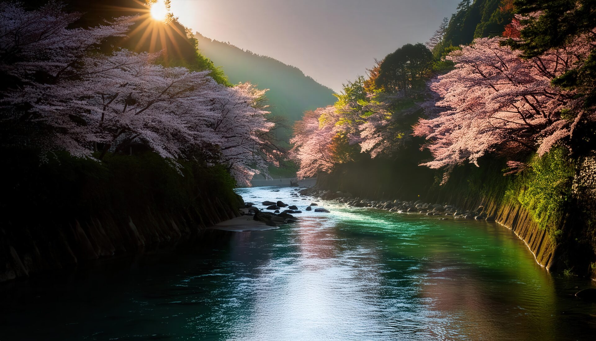 桜満開の渓谷と夕日に照らされる清流