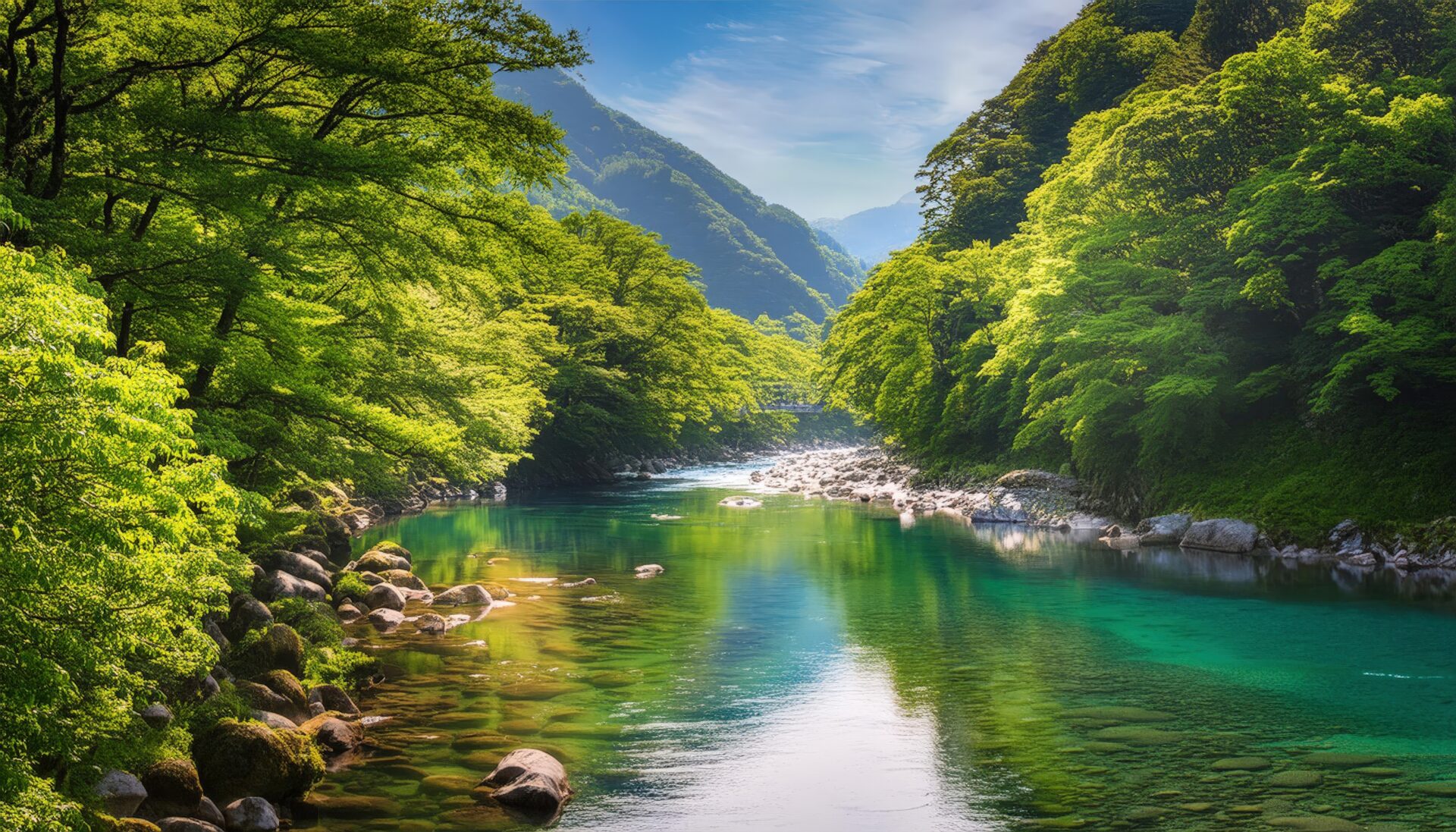 鮮やかな新緑に囲まれた翡翠色の渓流