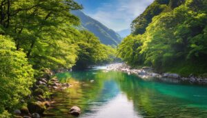 鮮やかな新緑に囲まれた翡翠色の渓流