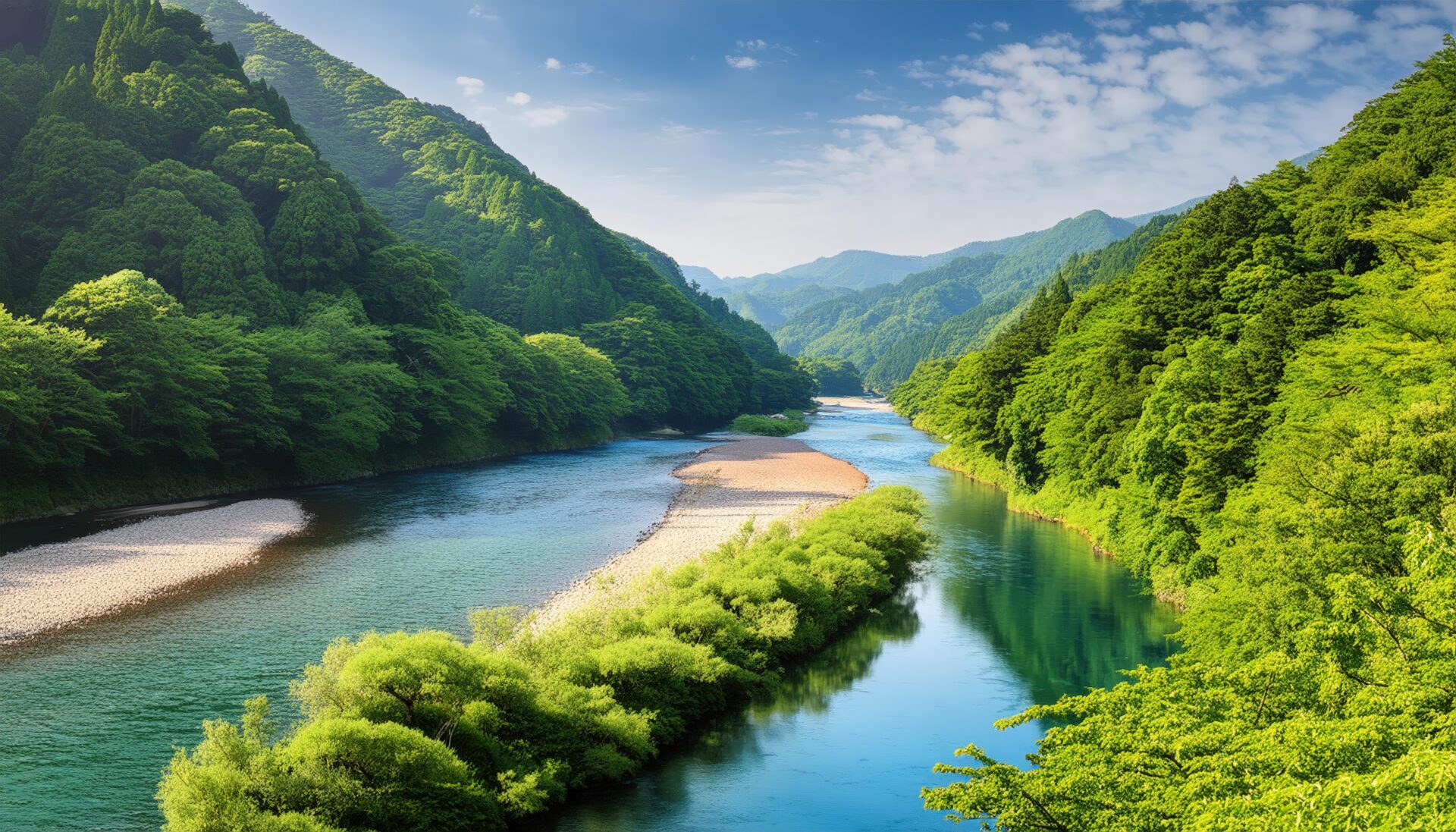山間の清流と砂洲が織りなす自然風景