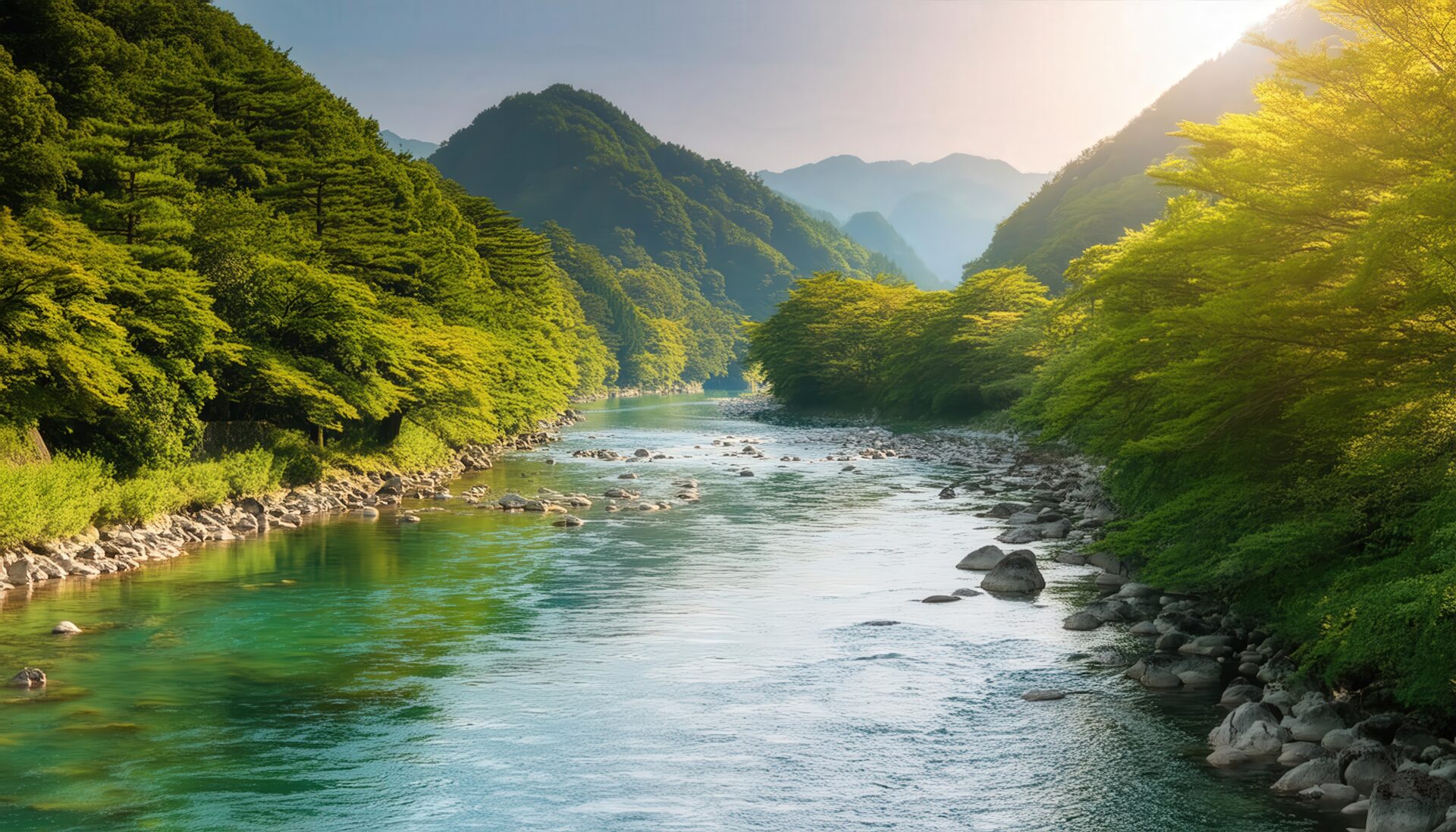 朝日に照らされる新緑の渓谷と岩の多い清流