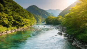 朝日に照らされる新緑の渓谷と岩の多い清流