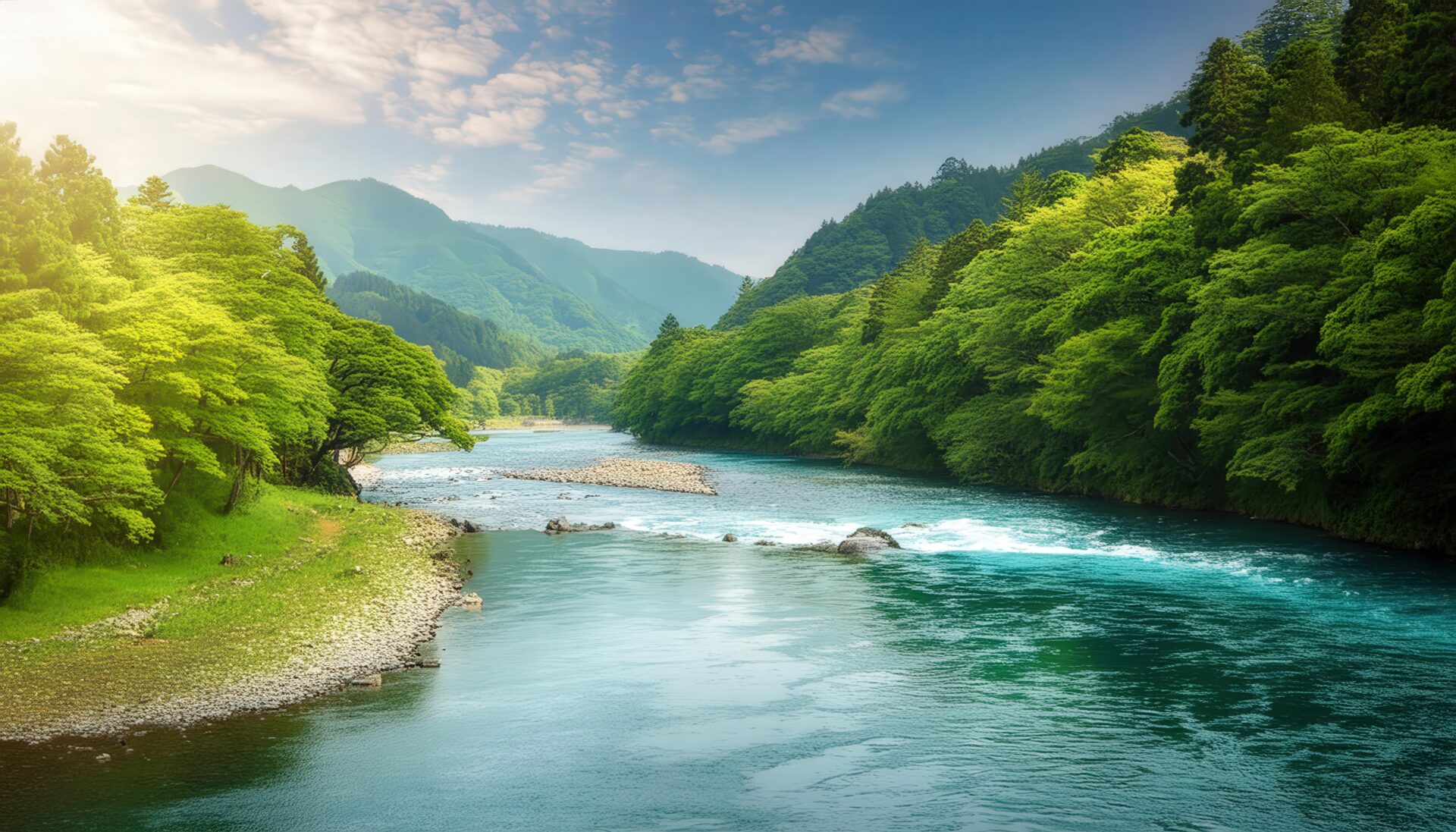 青空の下に広がる緑豊かな渓谷と穏やかな清流