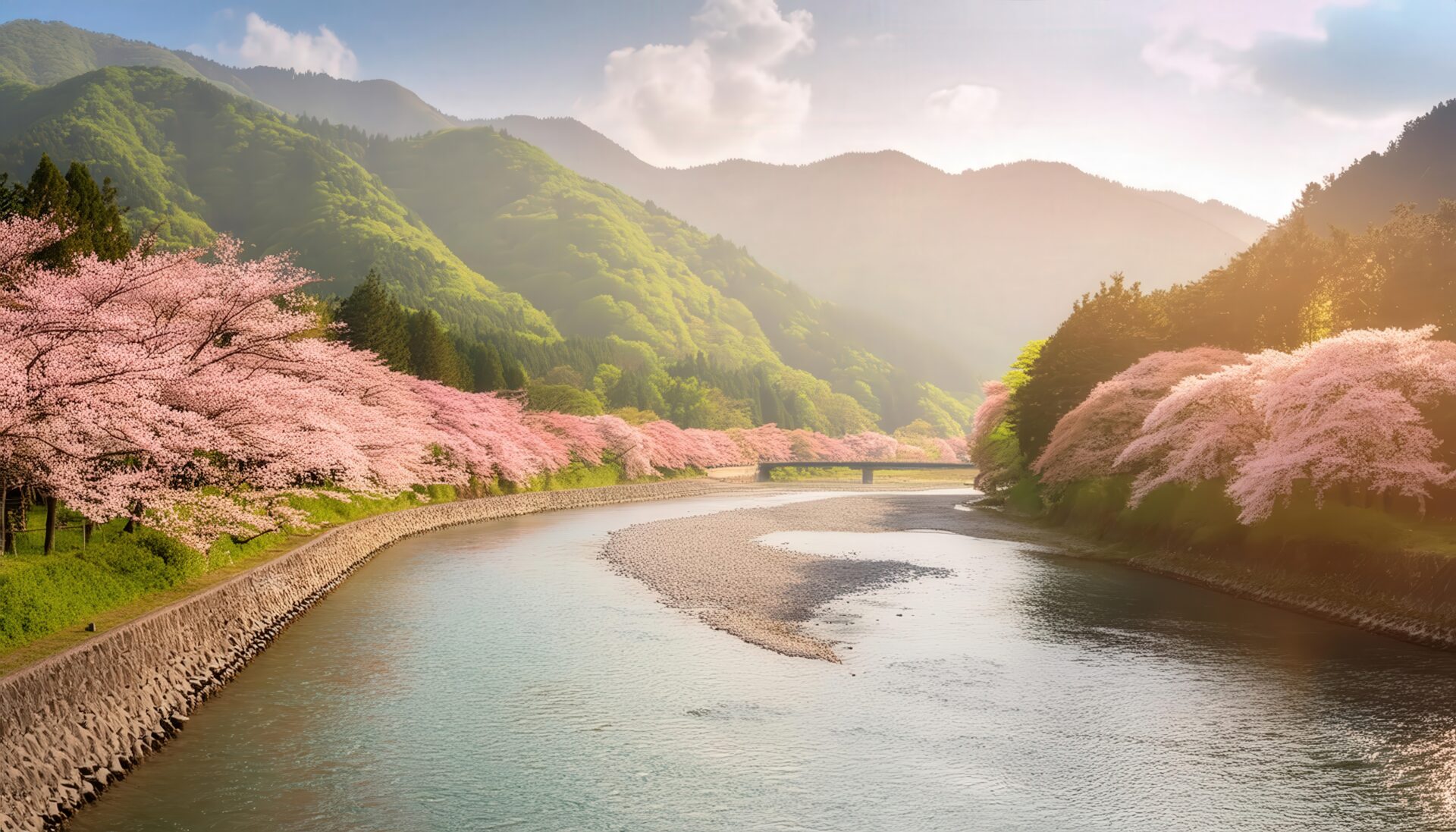 緑の山々と桜に囲まれた河川景観