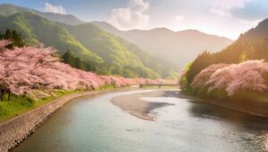 緑の山々と桜に囲まれた河川景観
