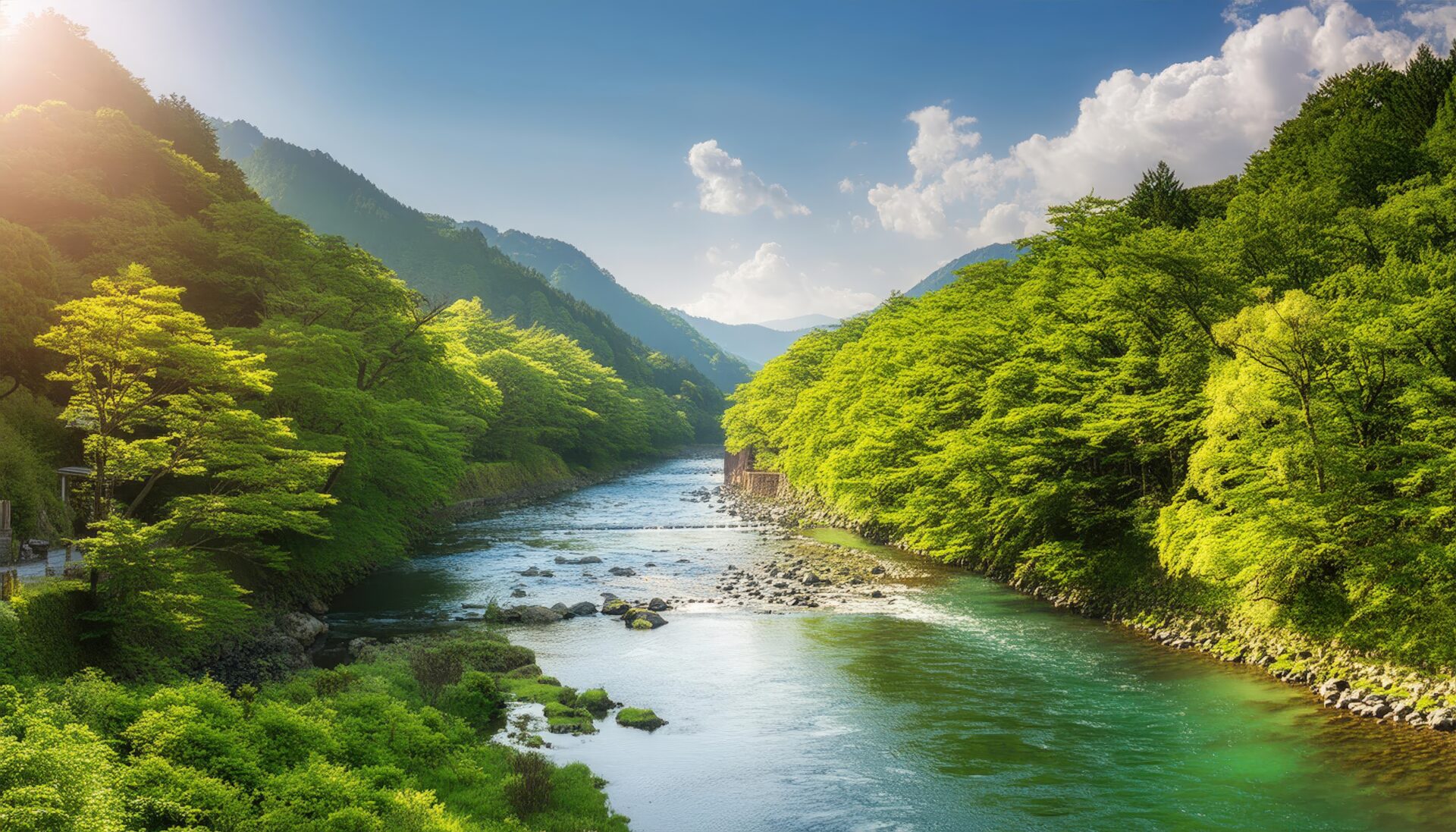 新緑に囲まれた渓流と山岳風景