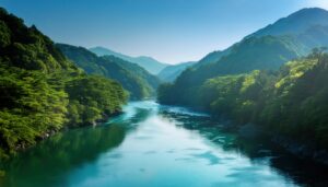 エメラルドグリーンの清流と深い山岳渓谷